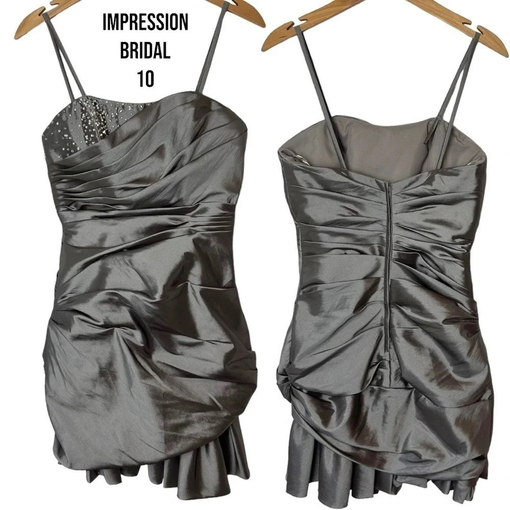 Impression Bridal‎ Mini Dress 10 Gray Satin Ruched Beaded Spaghetti Strap Ruffle